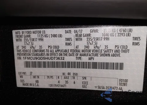 2017 Ford Escape Se z USA, uszkodzony, nr VIN 1FMCU9GD5HUD73632